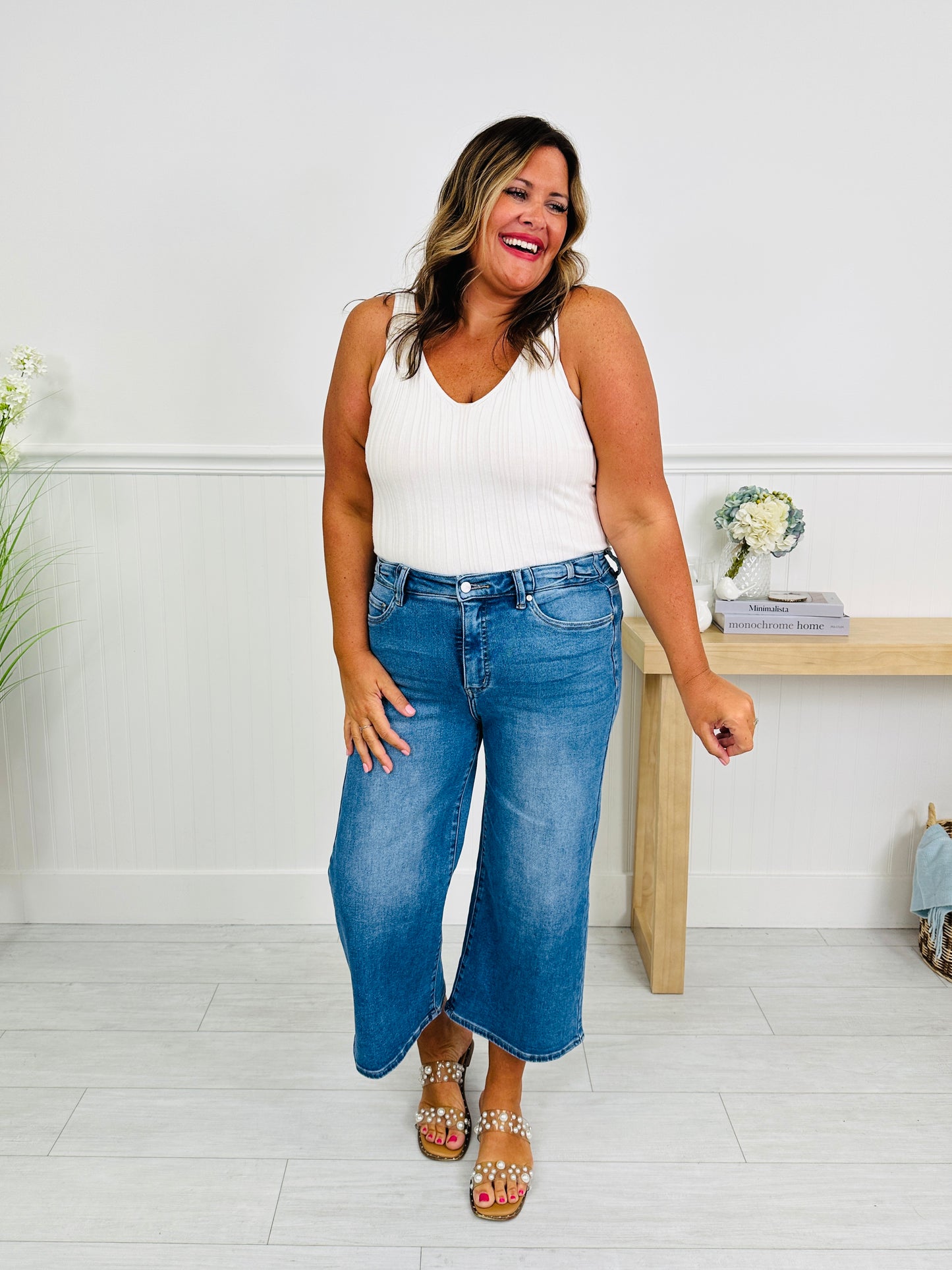 Put a Bow On It Tummy Control Wide Leg Cropped Jeans