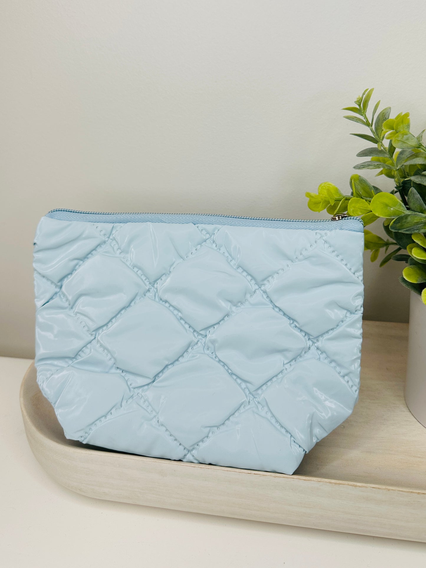 Sky Blue Quilted Makeup Bag Set