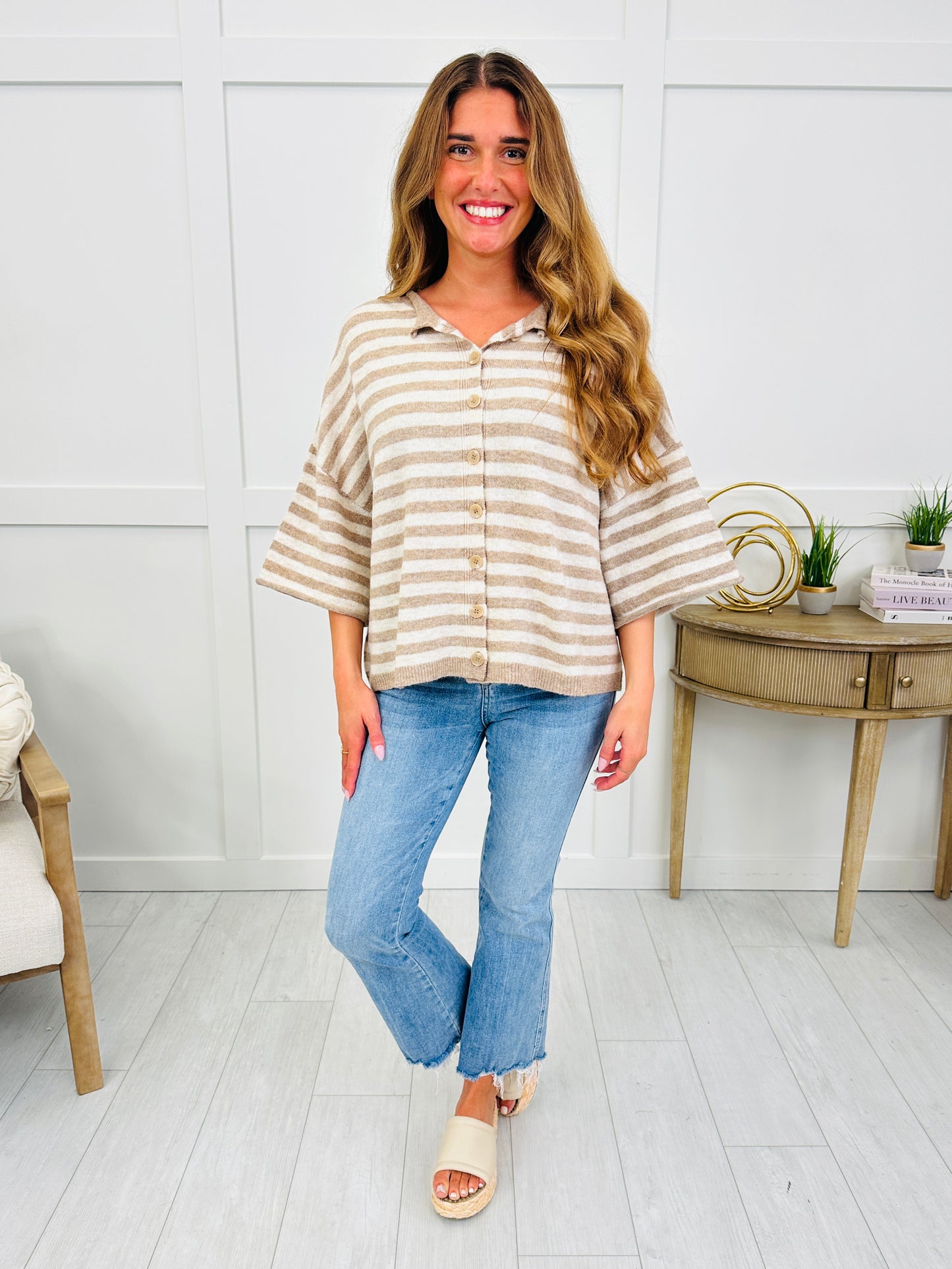Soft Spoken Stripe Top In Light Mocha