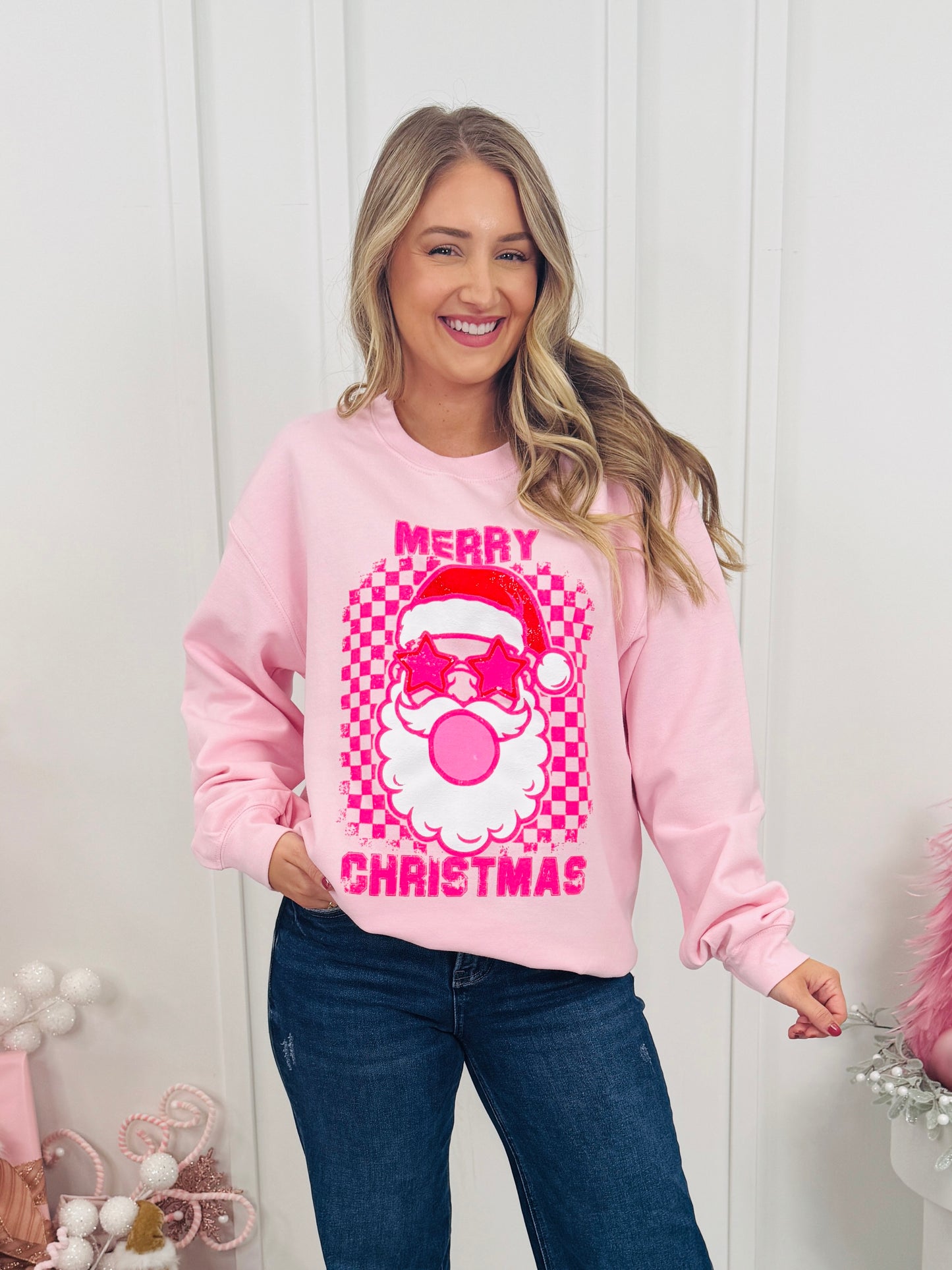 Merry Christmas Checkered Bubblegum Graphic Crewneck Sweatshirt
