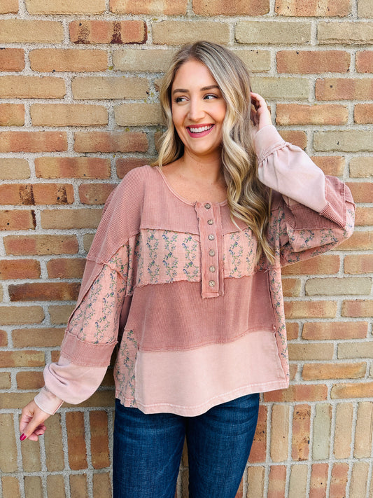 Faded Florals And Feels Top in Camel