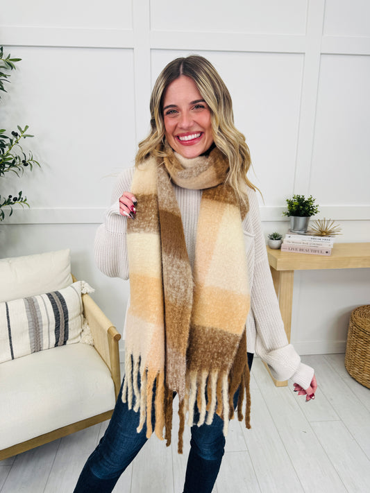Coffee Plaid Fringe Scarf