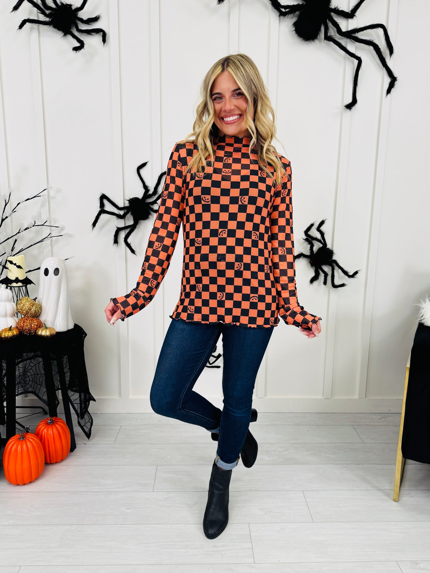 Spooky Things Mesh Top In Checkered Print