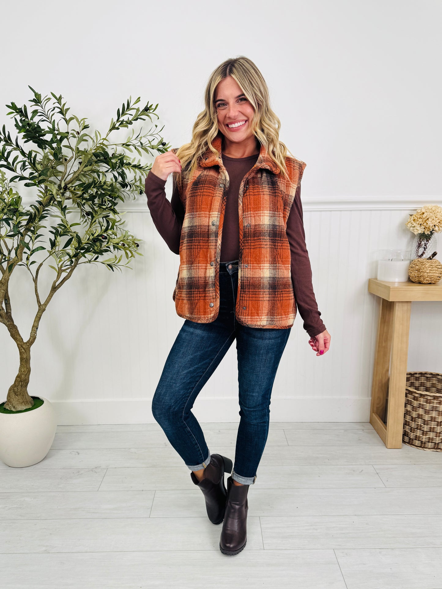 Pretty In Plaid Vest In Rust