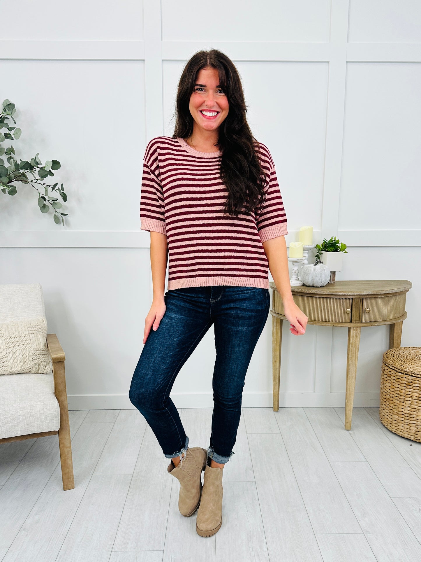 Sunday Stroll Stripe Top In Burgundy