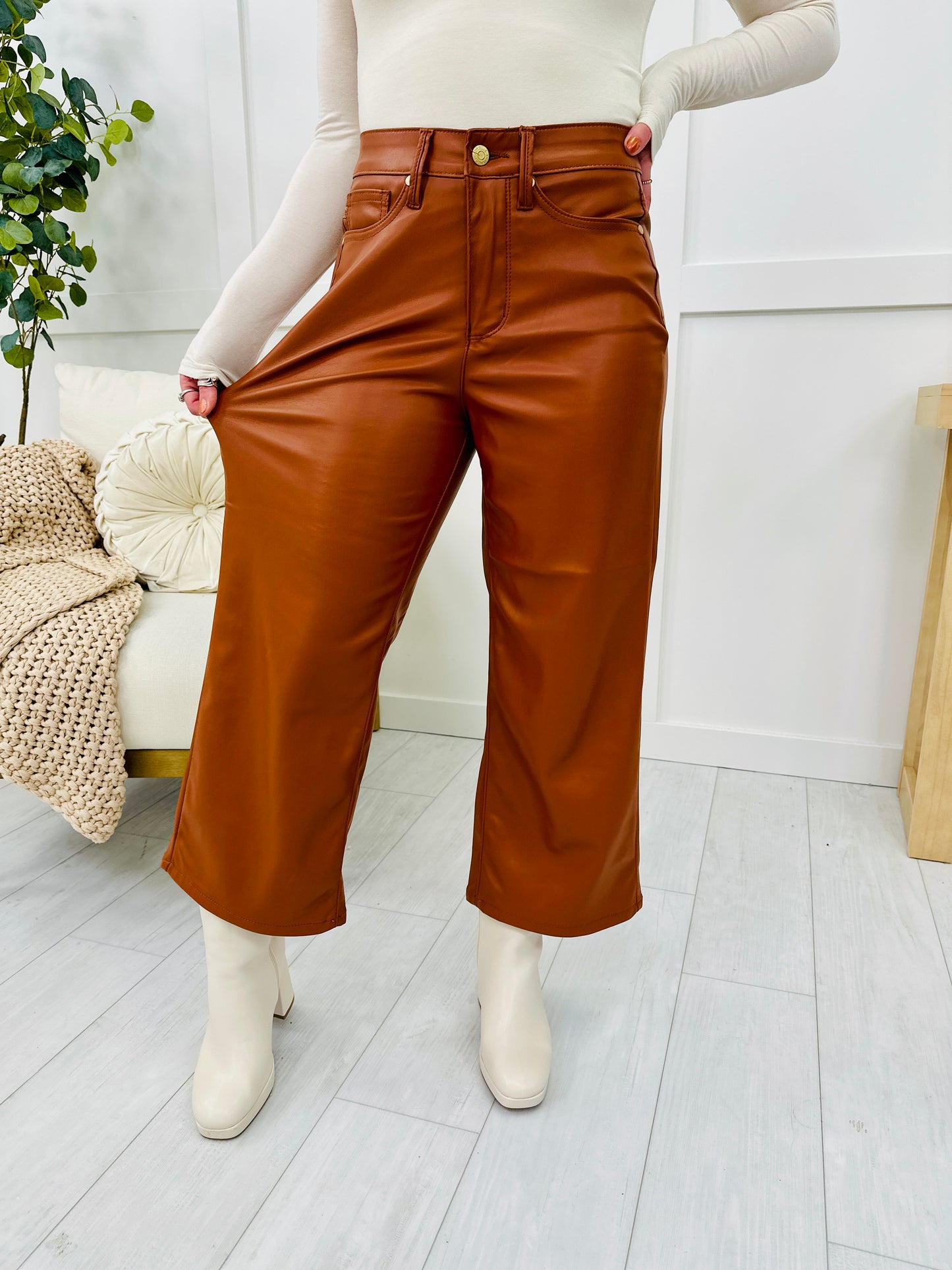 Judy Blue Leather or Never Tummy Control Faux Leather Wide Leg Cropped Pants in Reg/Curvy