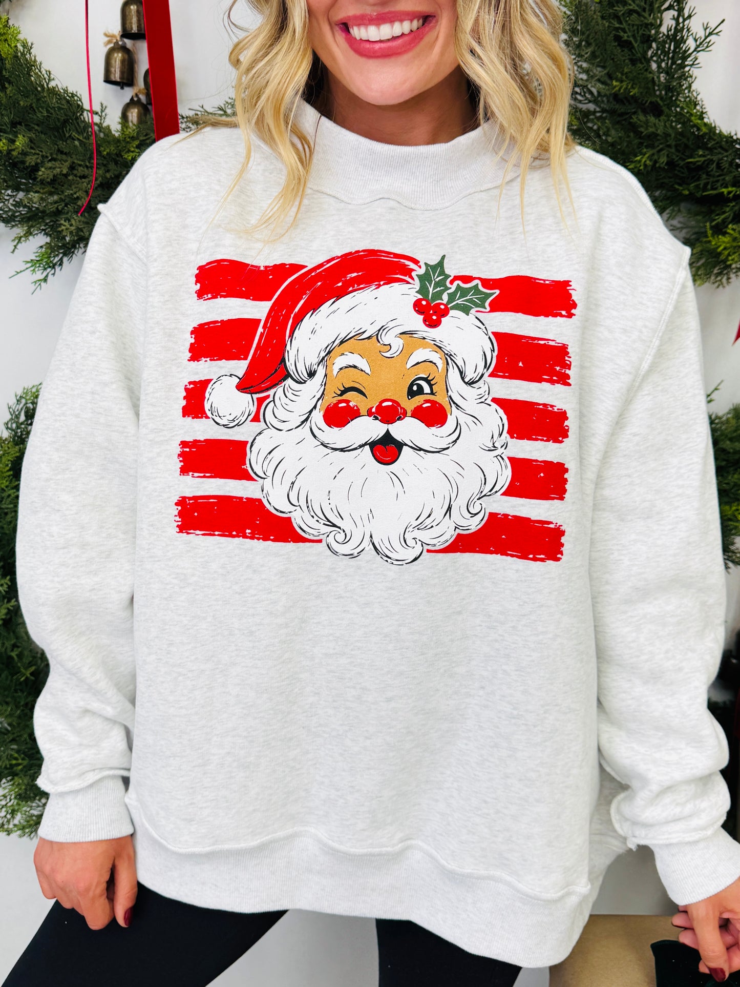 Striped Santa Mock Neck Graphic Sweatshirt