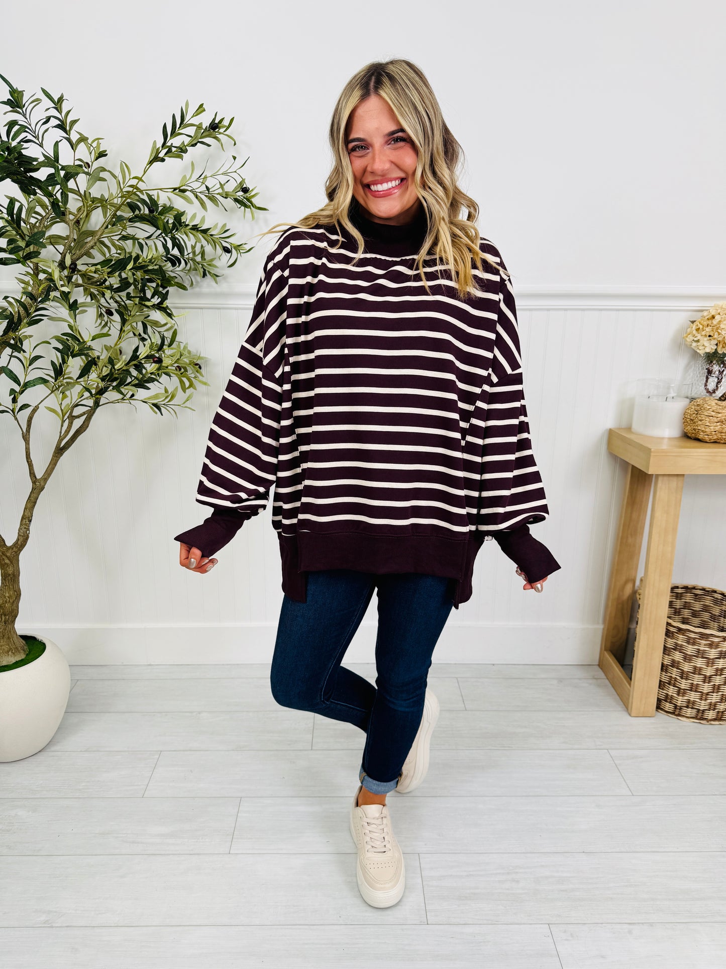 Stripe Up Your Alley Pullover In Wine