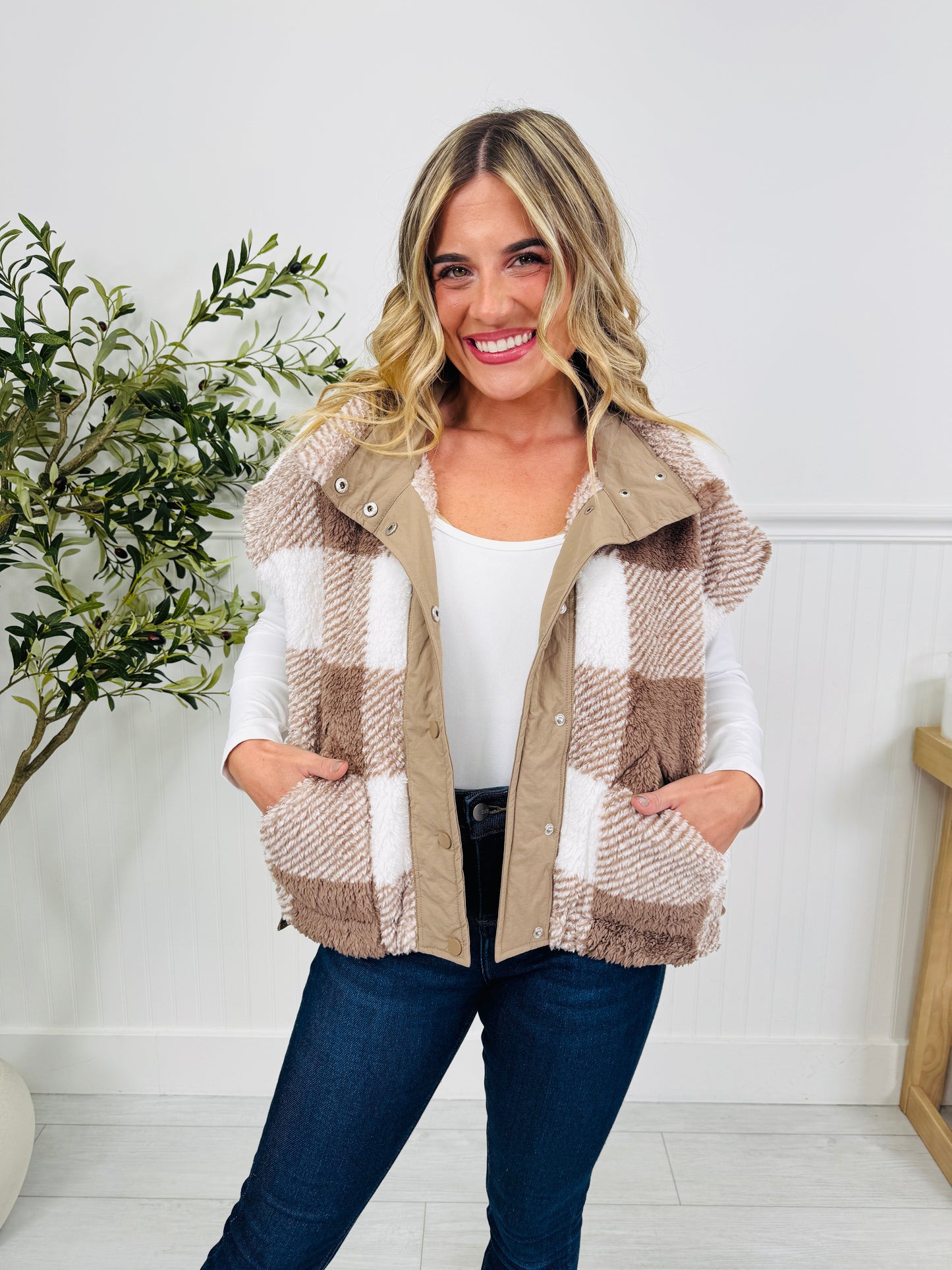 Plaid To Perfection Vest In Taupe