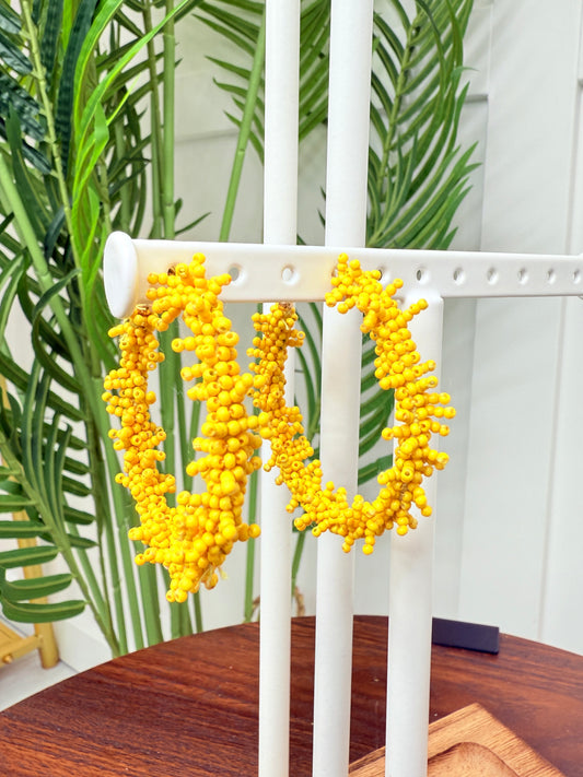 Yellow Seed Beaded Hoop Earrings