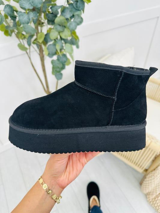 Toasty Terrain Booties In Black Faux Suede