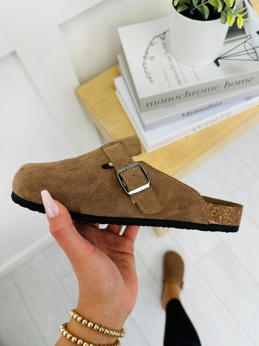 Restock! Buckle And Stroll Clogs In Taupe Suede