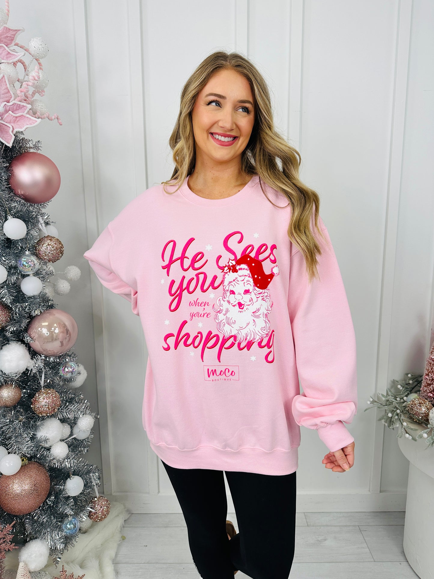 He Sees You Shopping Graphic Crewneck Sweatshirt