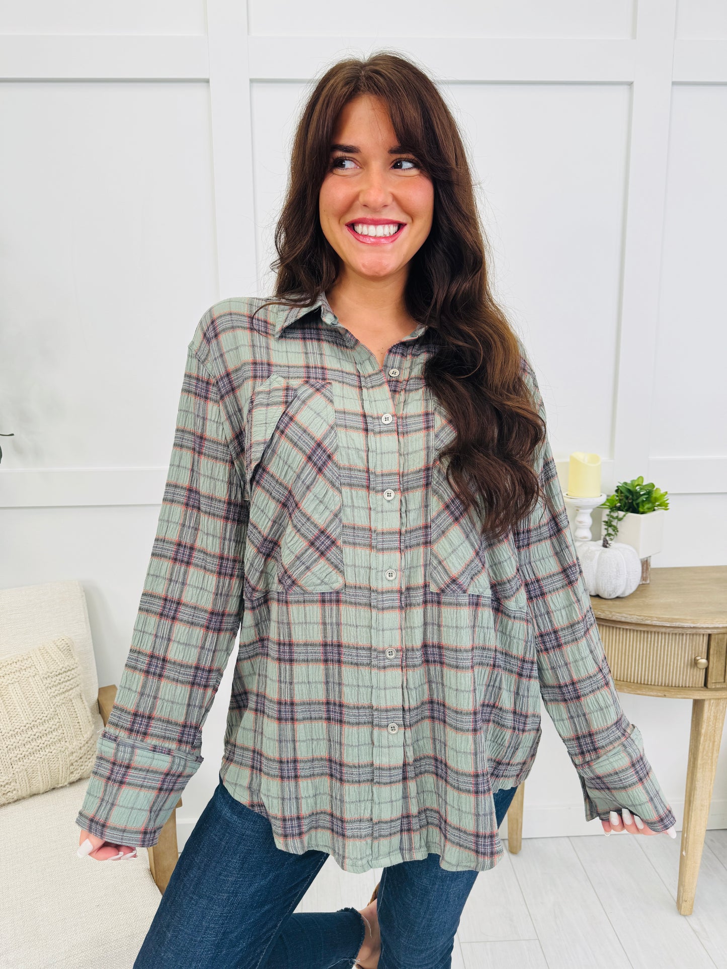 Fall for Plaid Top In Dk Sage