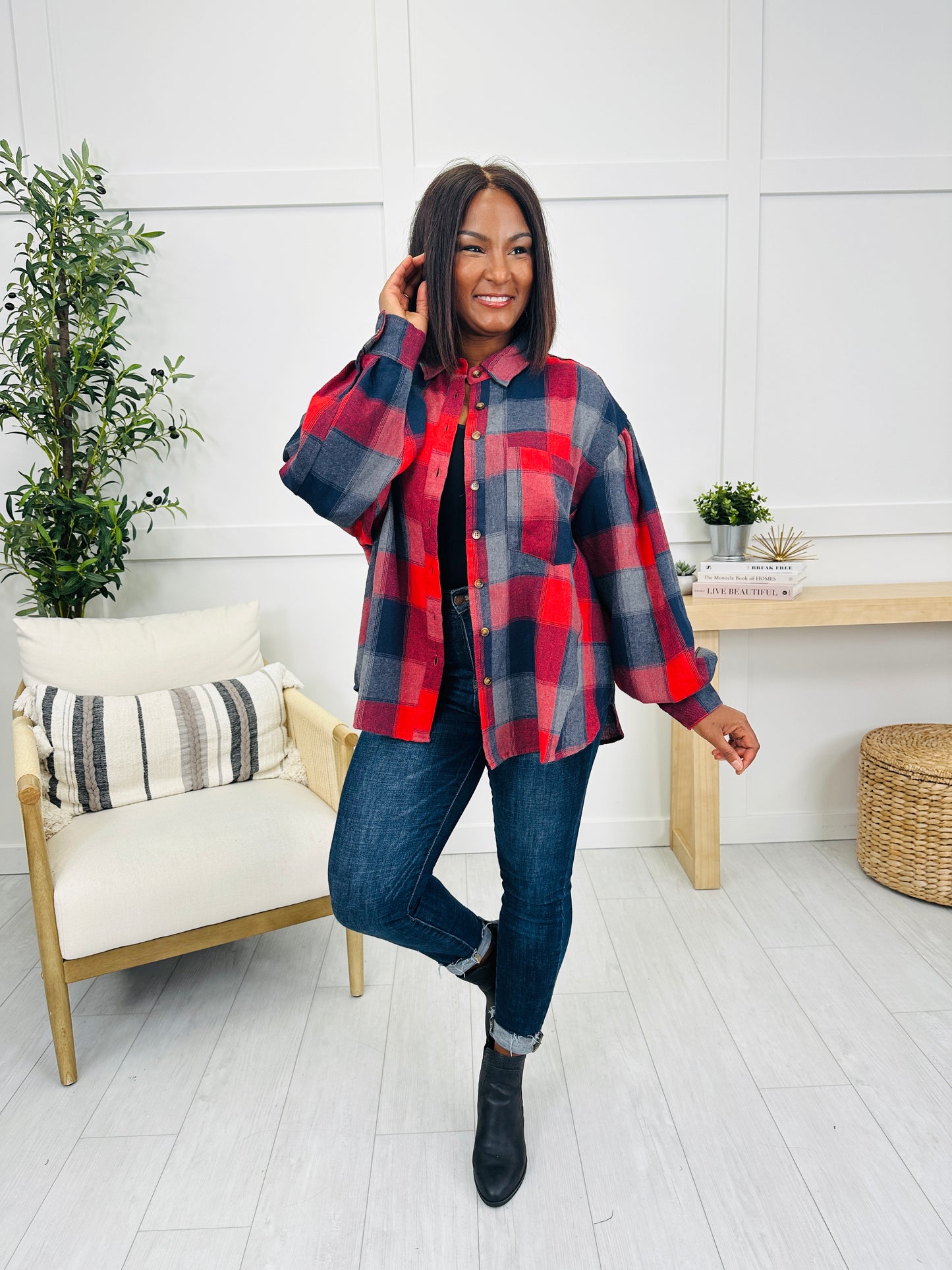 Meet Me At The Bonfire Flannel in Red/Navy
