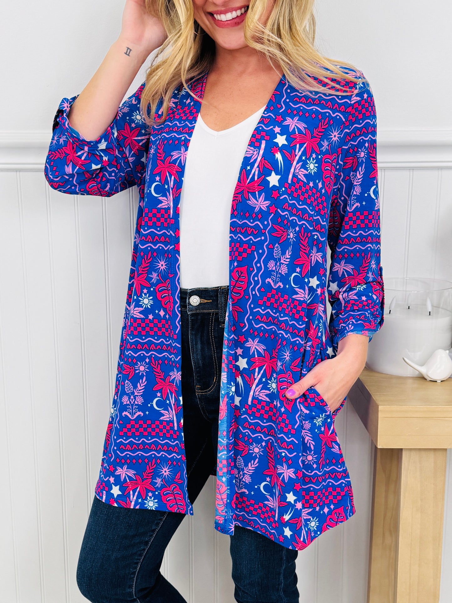 Layered in Spring Cardigan in Palm Tree Print