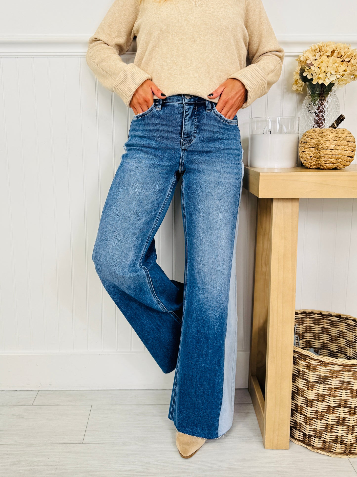Two Tone Twist Tummy Control Retro Wide Leg Jeans
