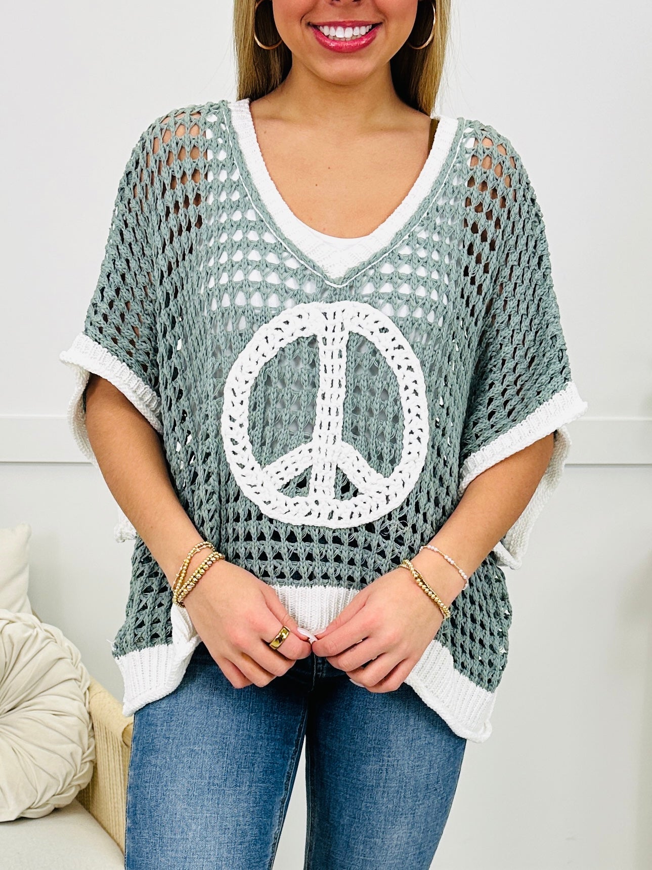 It Begins With Peace Sweater In Sage/Ivory