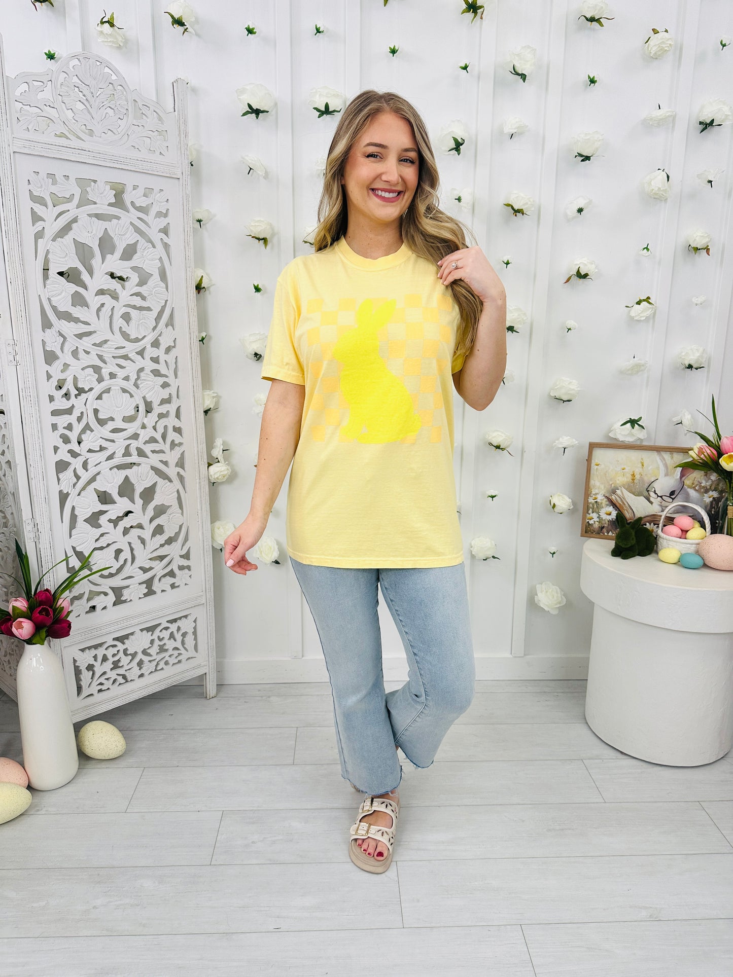 Checkered Bunny Graphic Tee-Multiple Colors