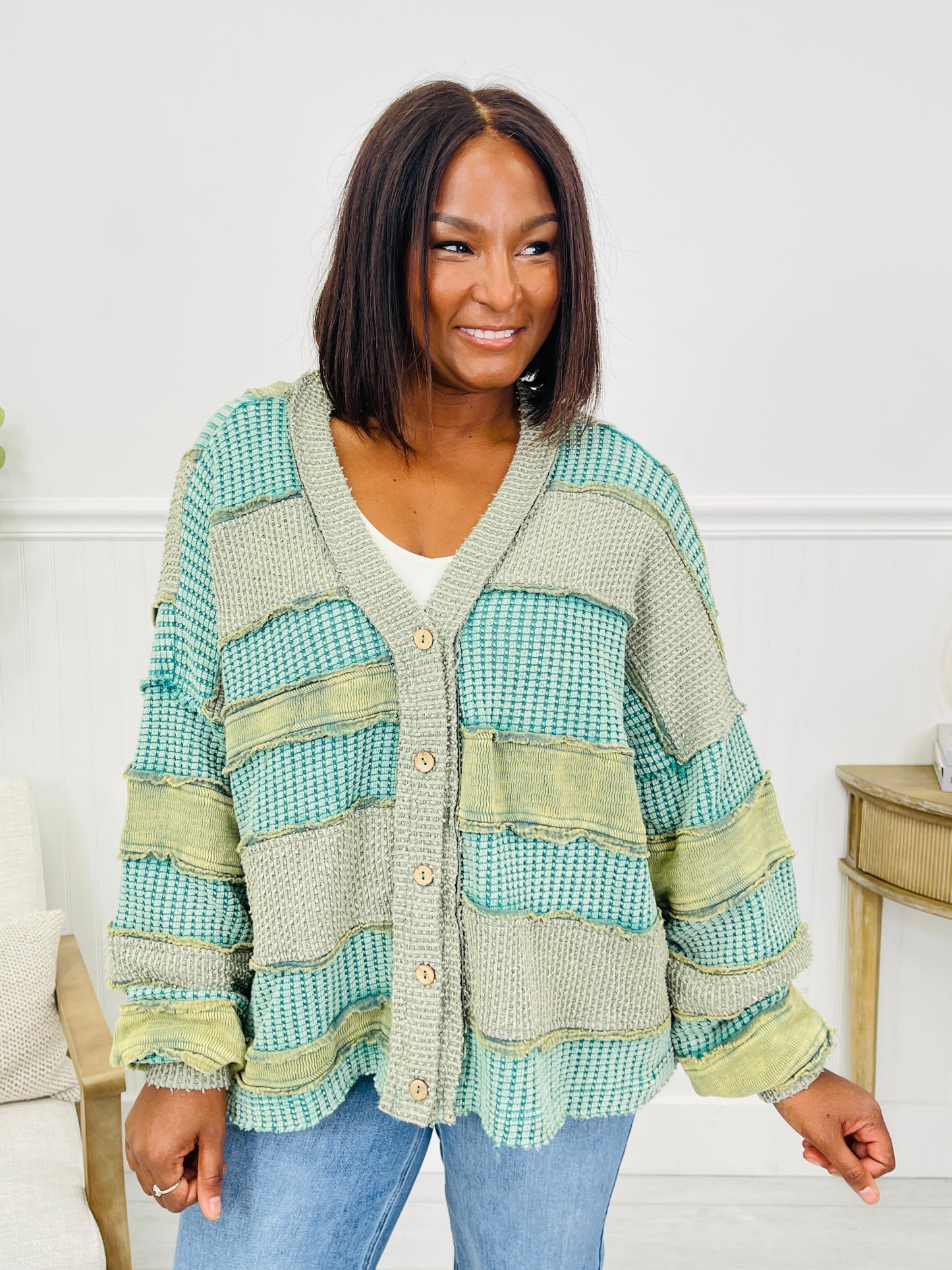 Gathered Stripes Cardigan in Green Combo
