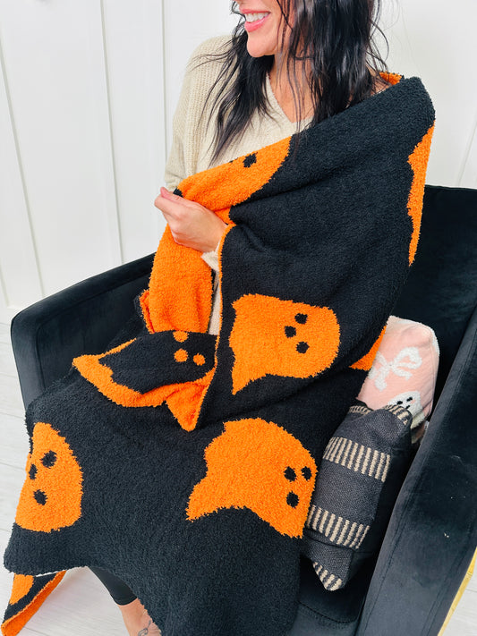 Spooky Snuggles Orange Ghost Blanket
