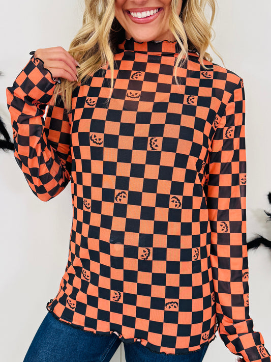 Spooky Things Mesh Top In Checkered Print