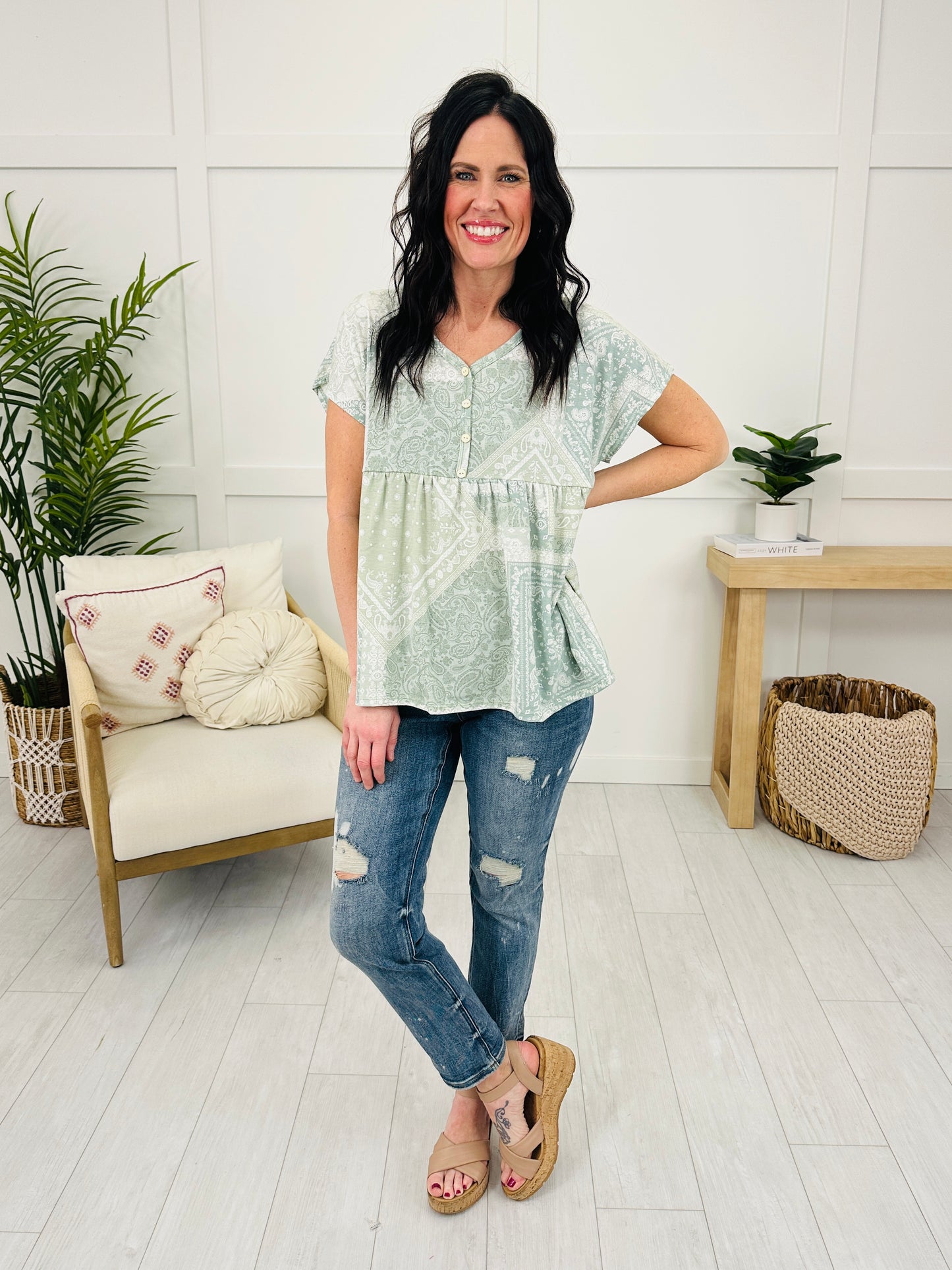 Free Spirit Flare Top In Sage Combo