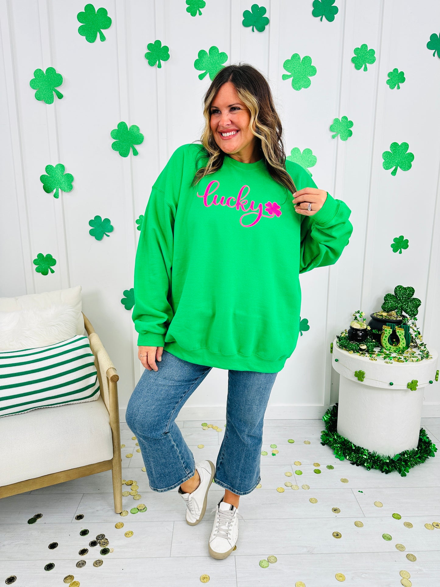 Pink Lucky Clover Puff Graphic Crewneck Sweatshirt