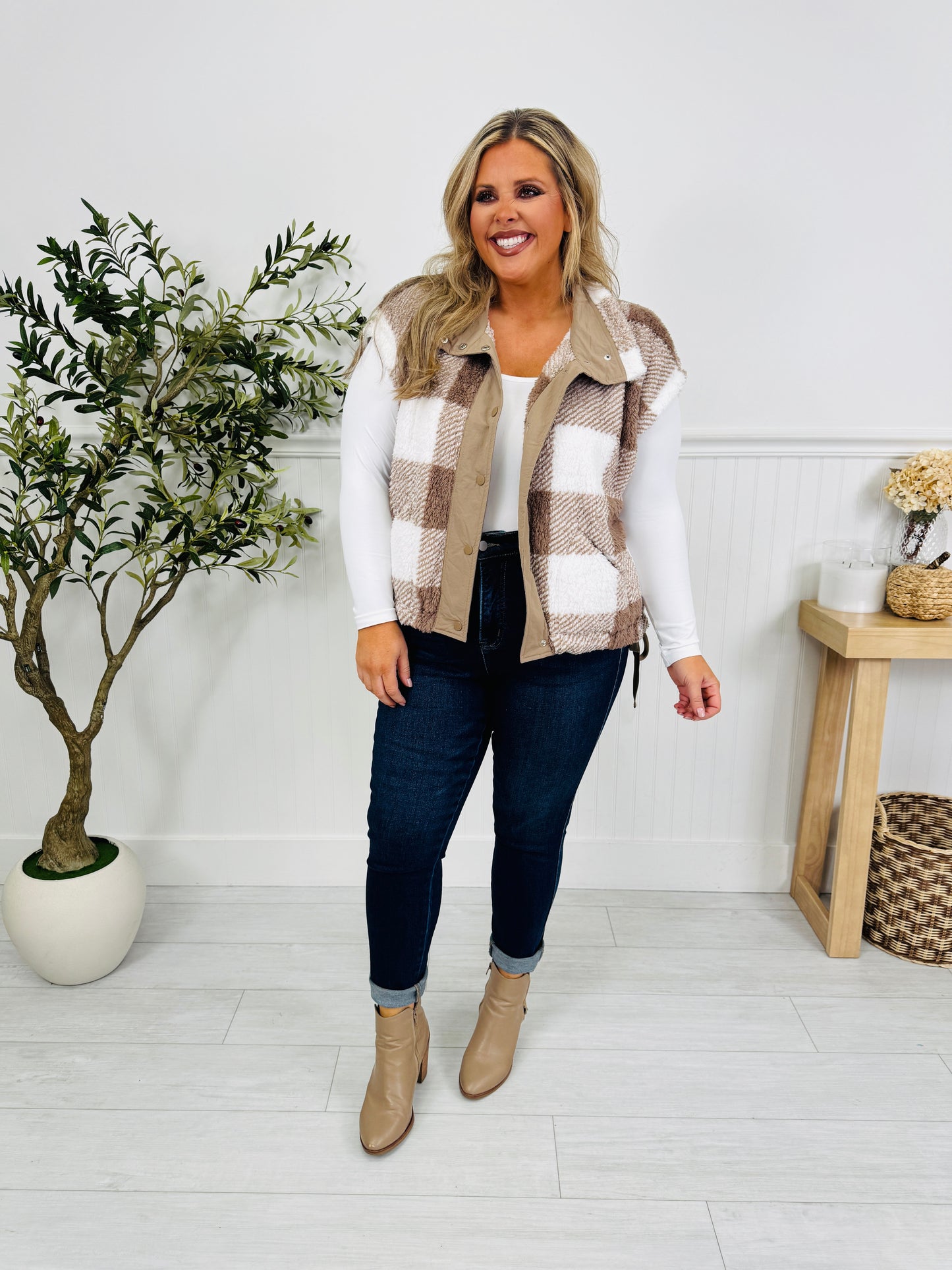 Plaid To Perfection Vest In Taupe