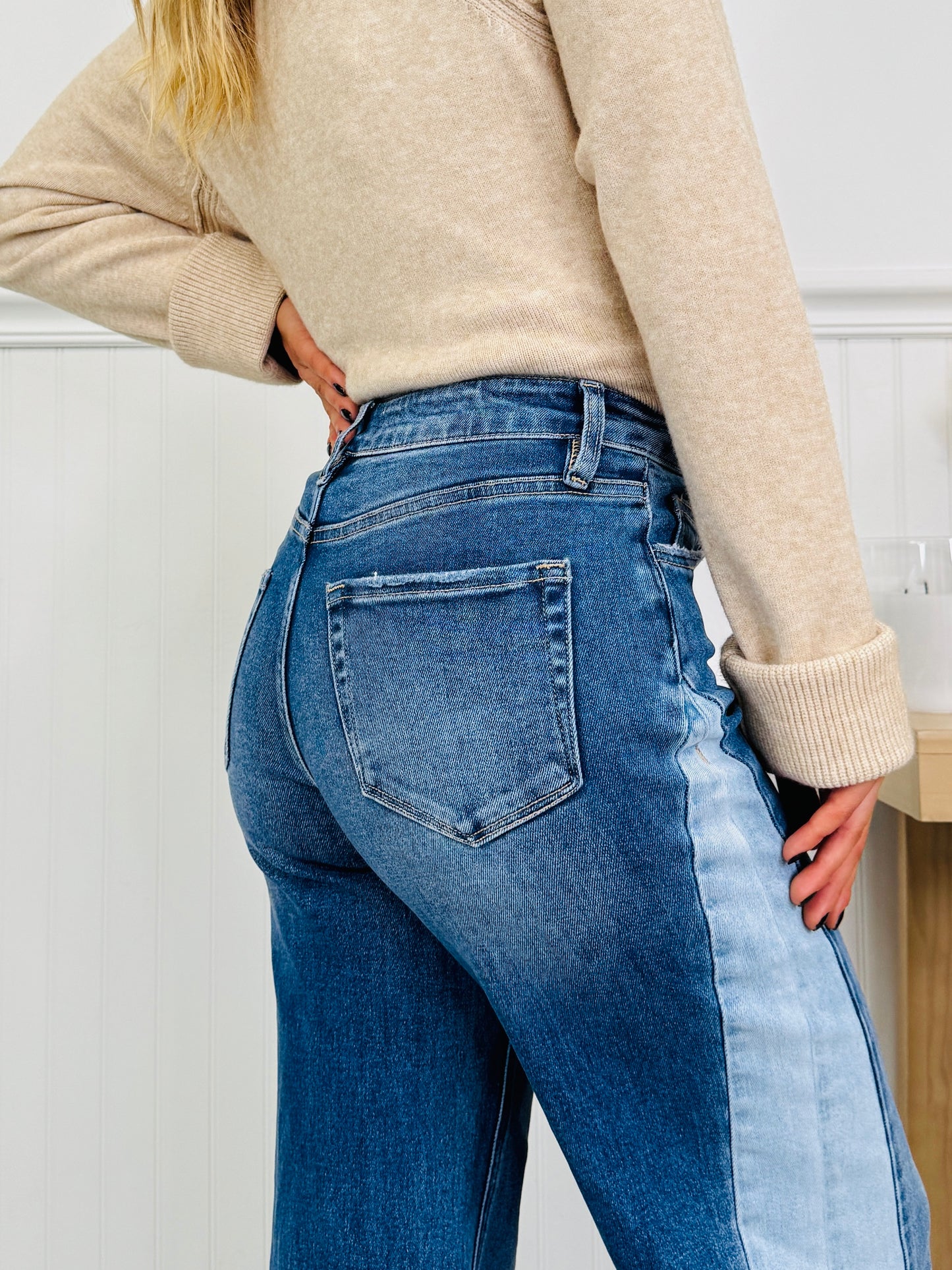 Two Tone Twist Tummy Control Retro Wide Leg Jeans