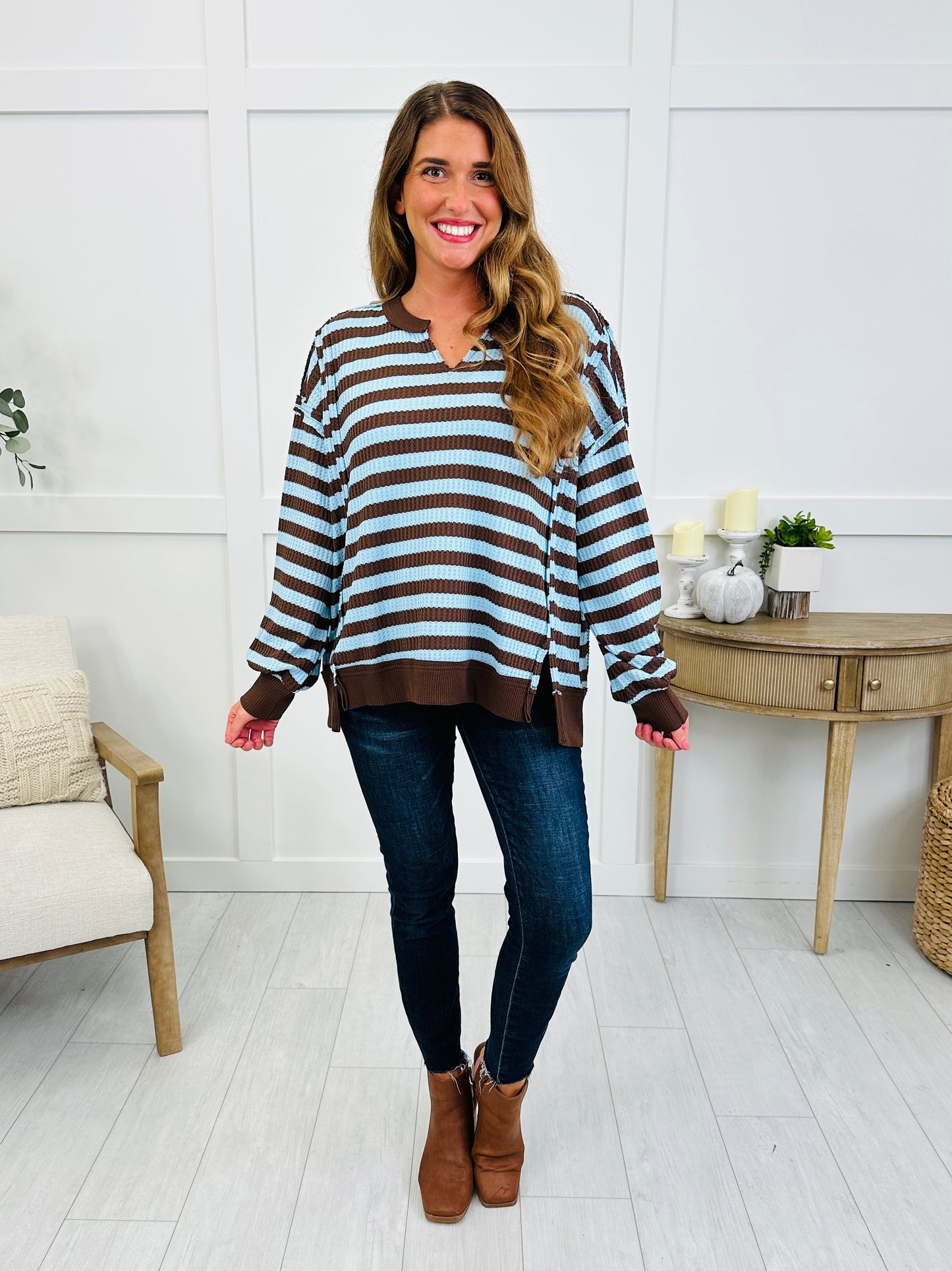 Easy Street Stripe Top In Mocha Blue