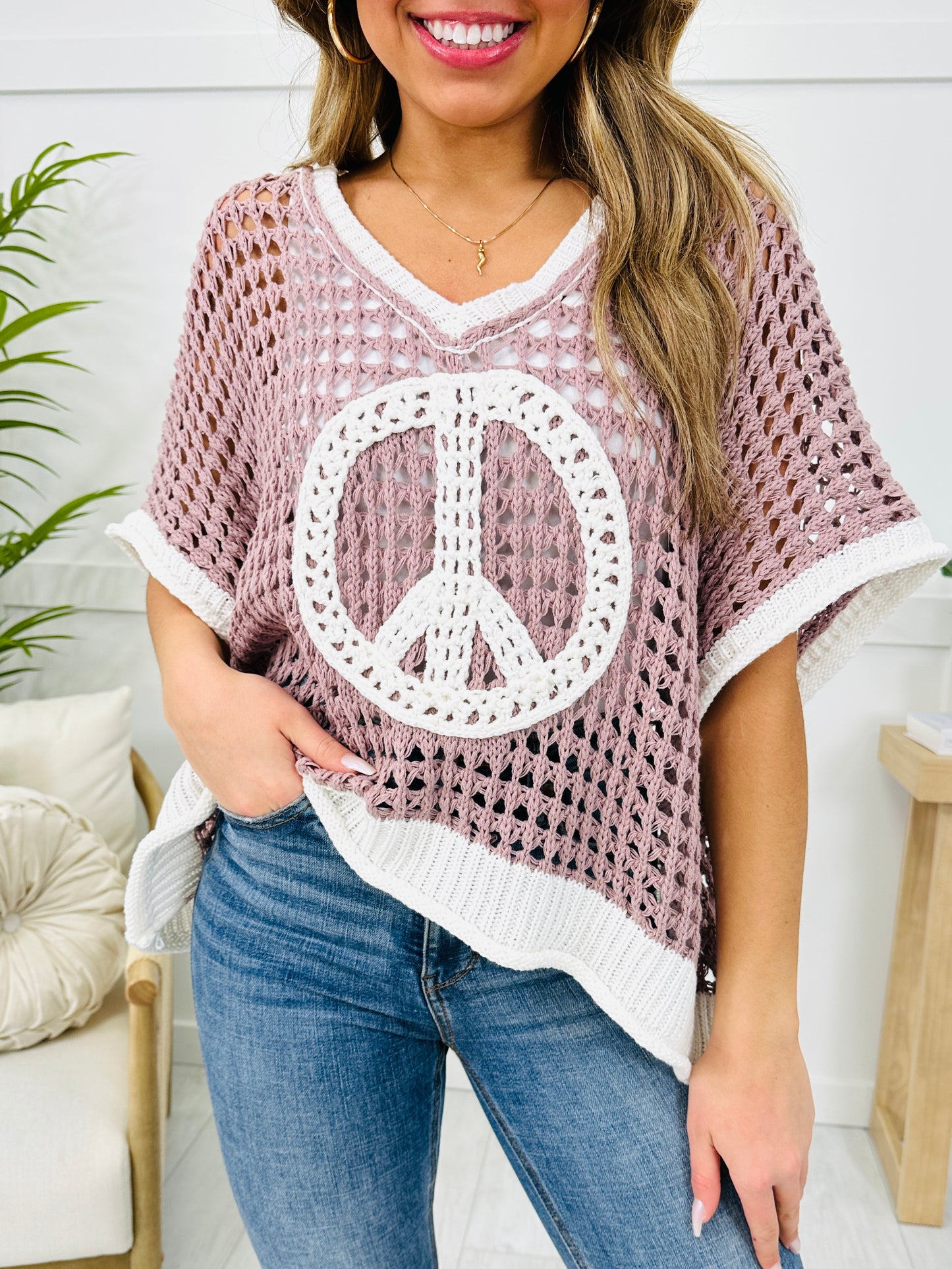 It Begins With Peace Sweater In Dusty Rose/Ivory