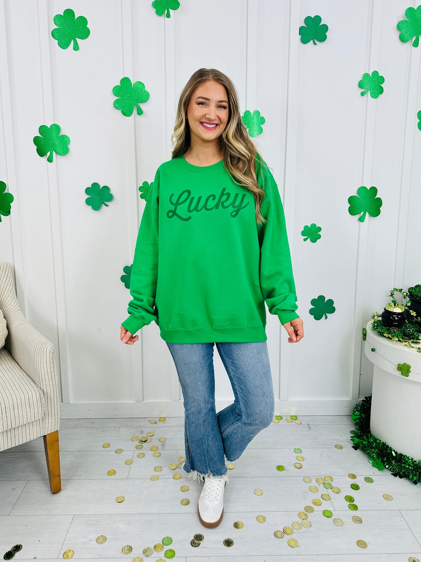 Green Glitter Lucky Crewneck Sweatshirt