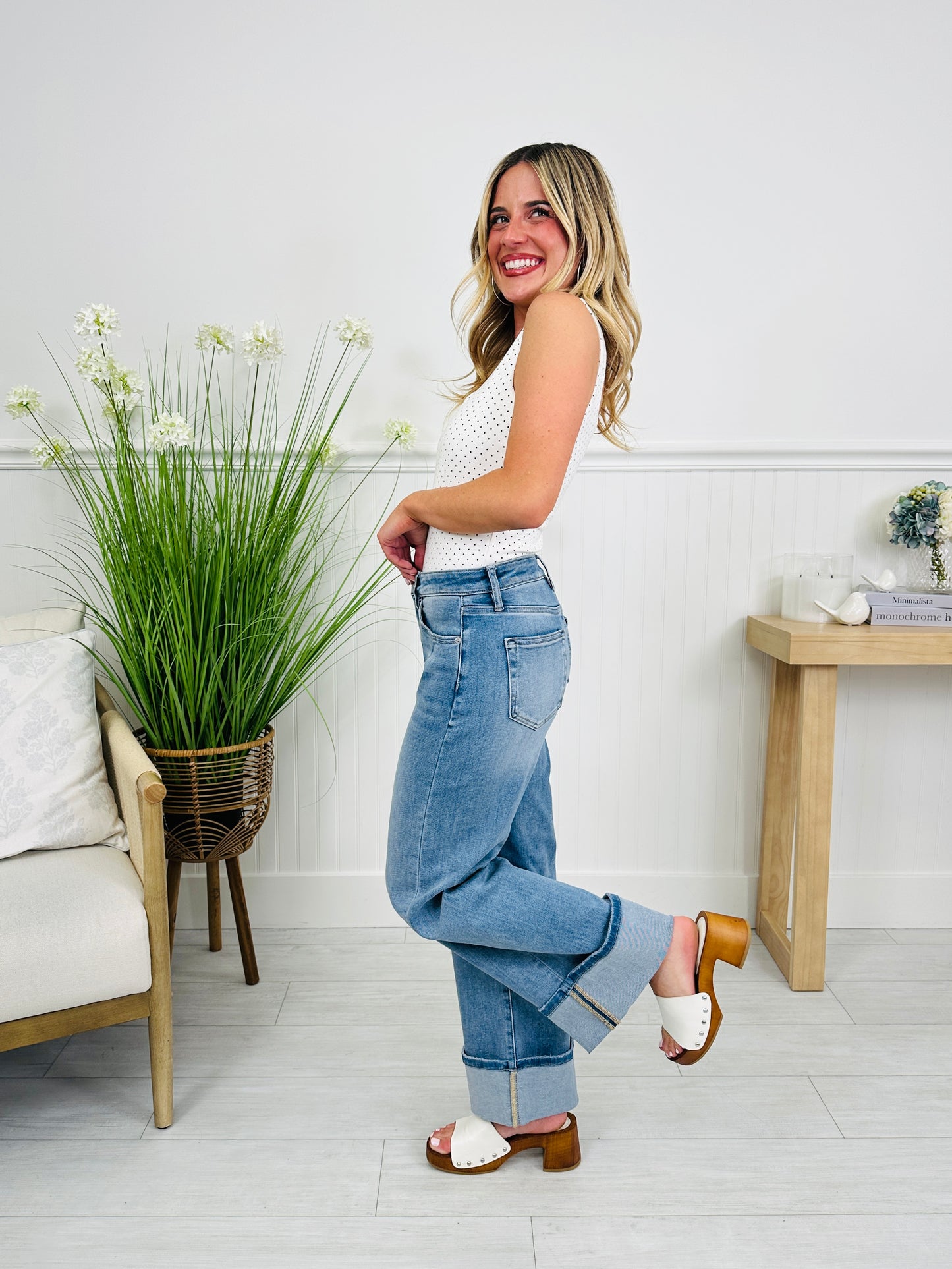 Off The Cuff Wide Leg Cuffed Tummy Control Cropped Jeans