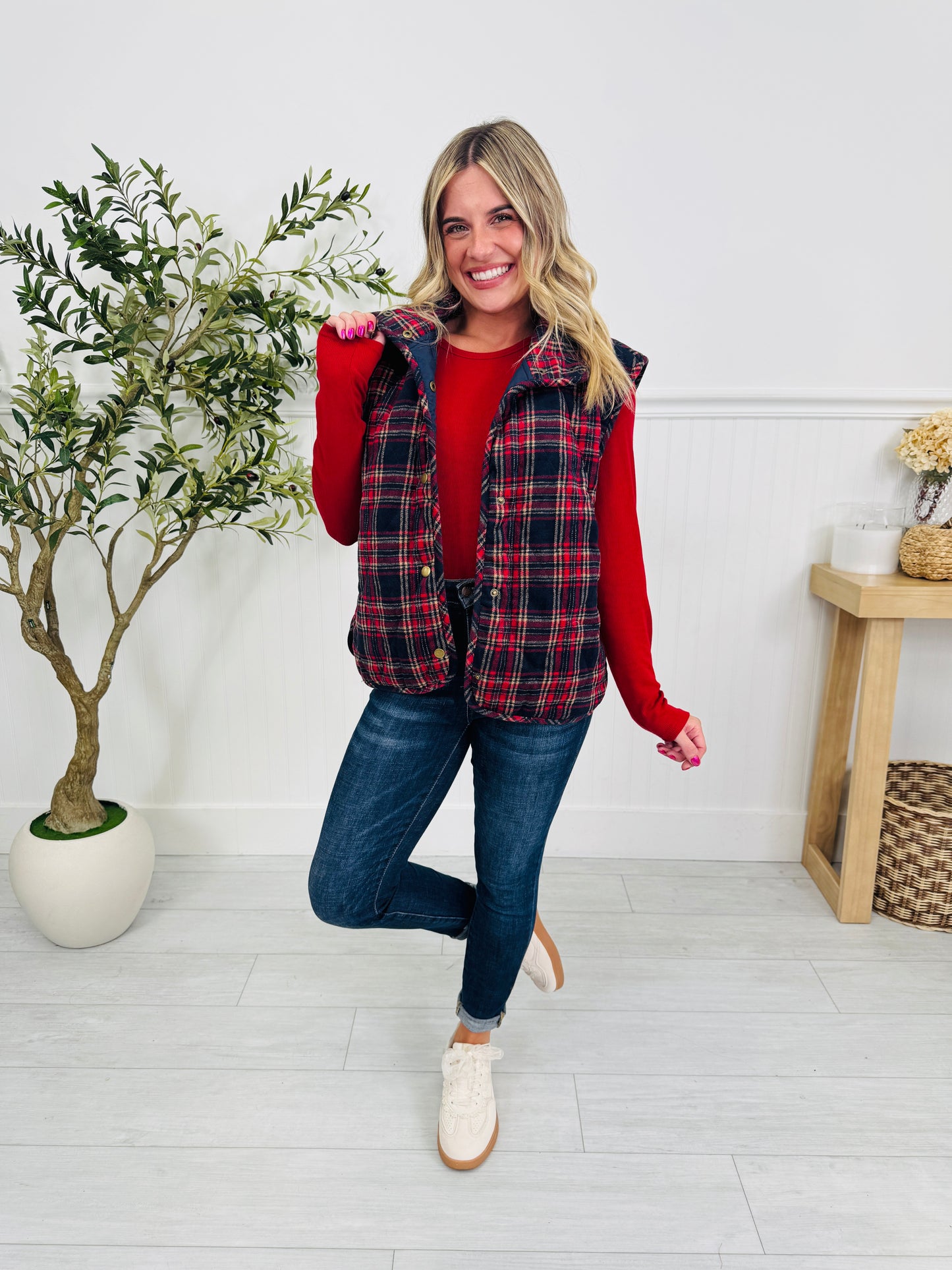 Pretty In Plaid Vest In Navy