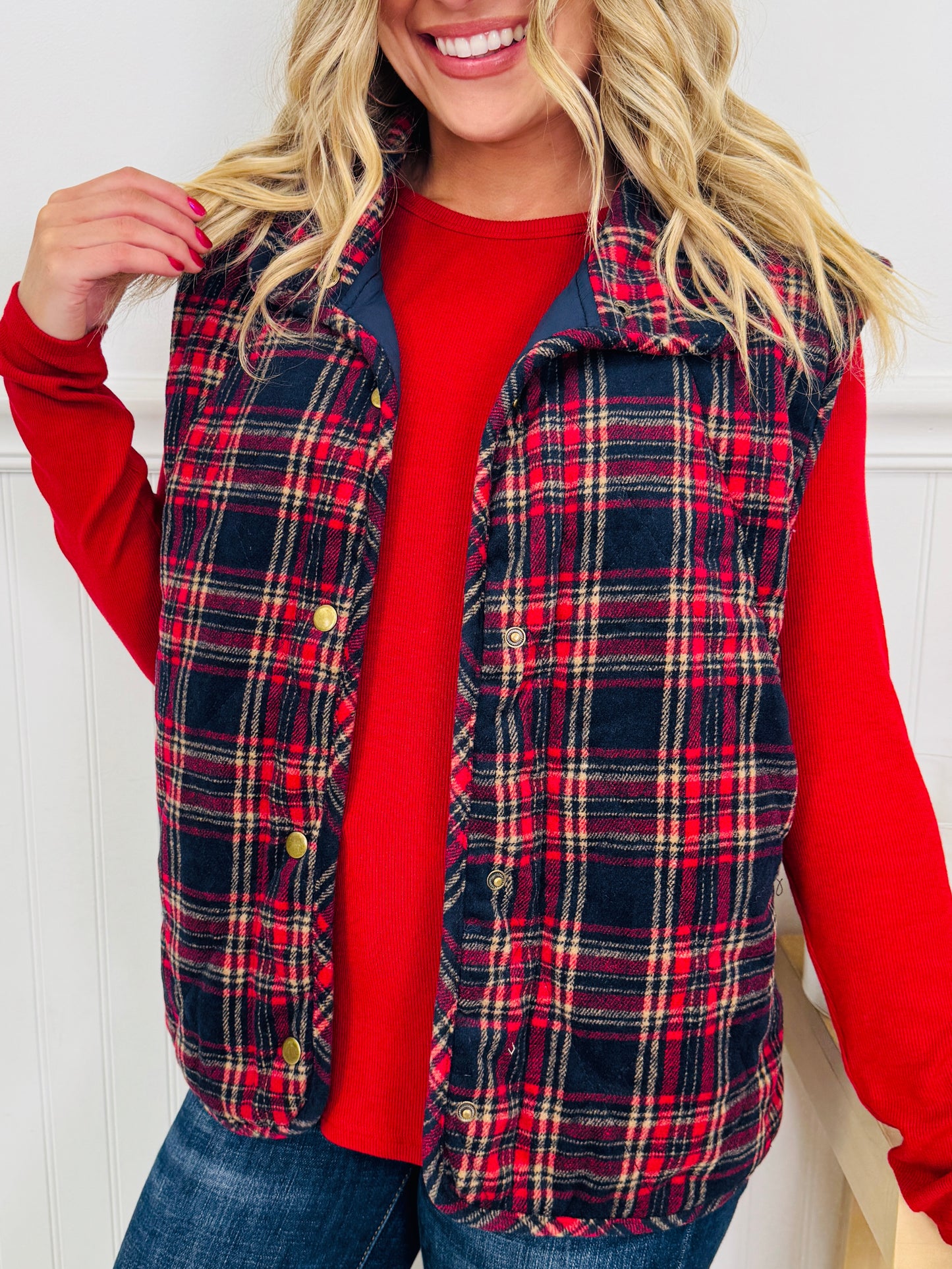 Pretty In Plaid Vest In Navy