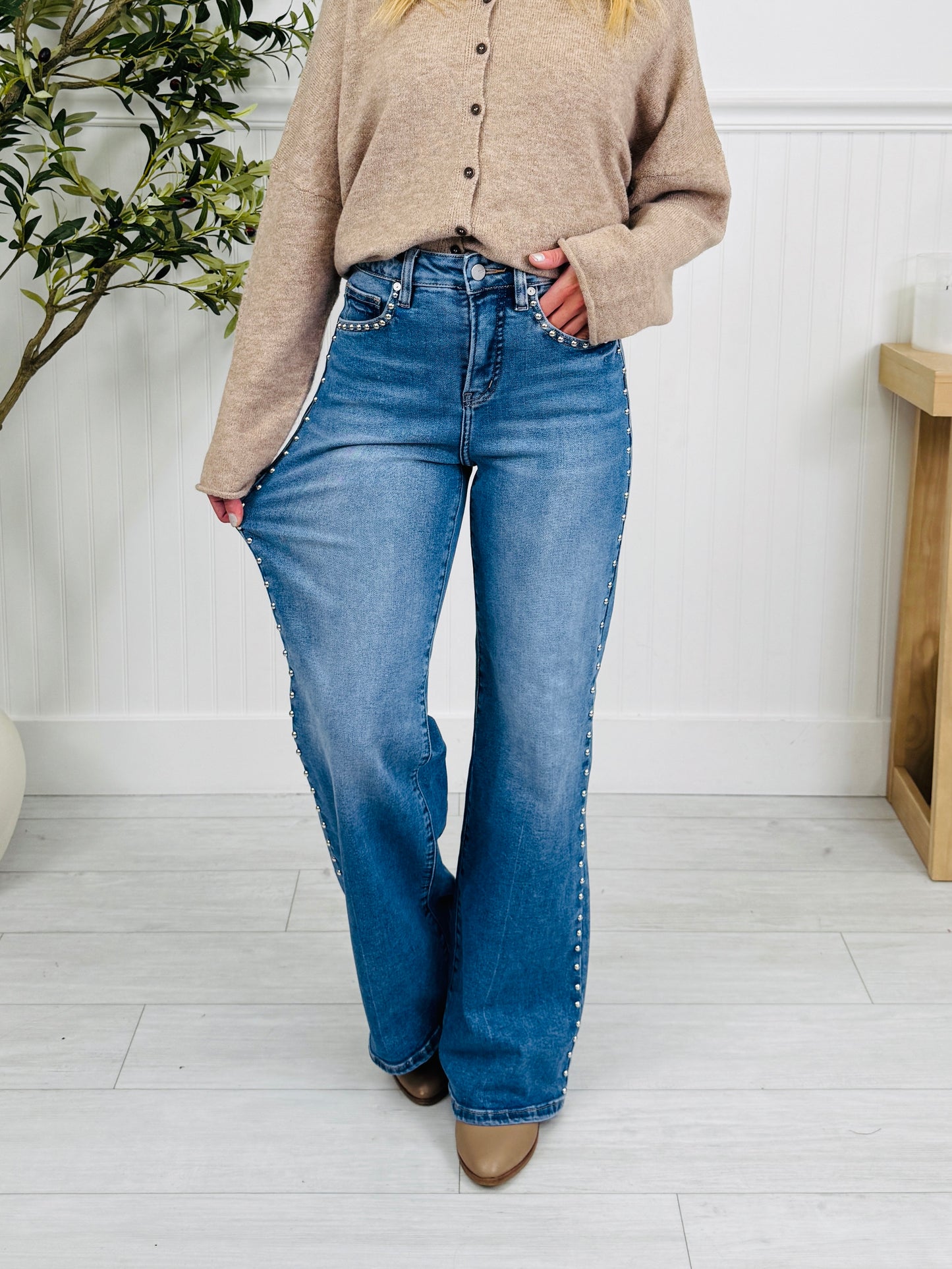 Studded & Styled Tummy Control Wide Leg Jeans