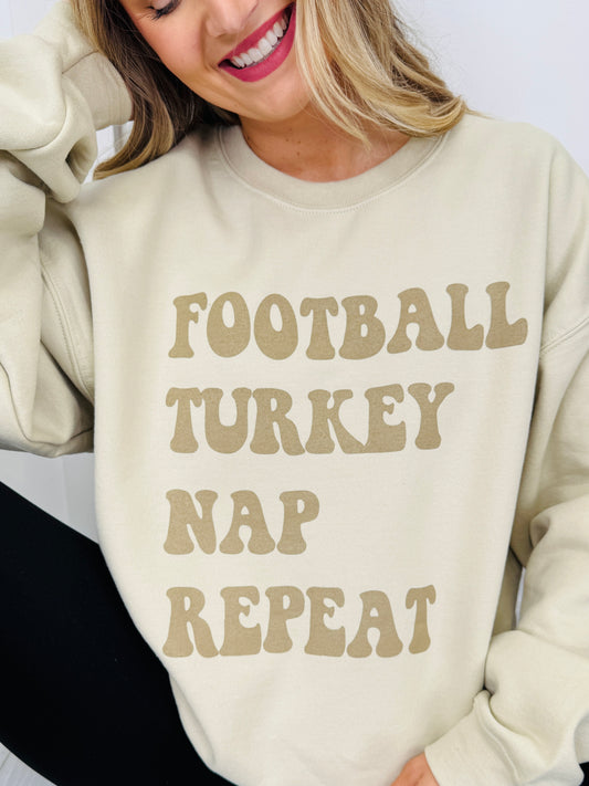 Football Turkey Nap Repeat Graphic Crewneck Sweatshirt