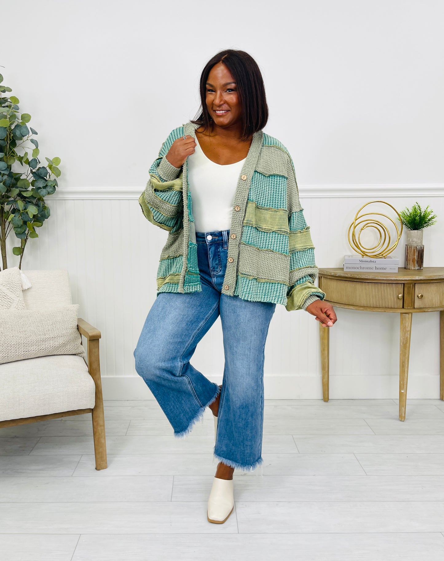 Gathered Stripes Cardigan in Green Combo