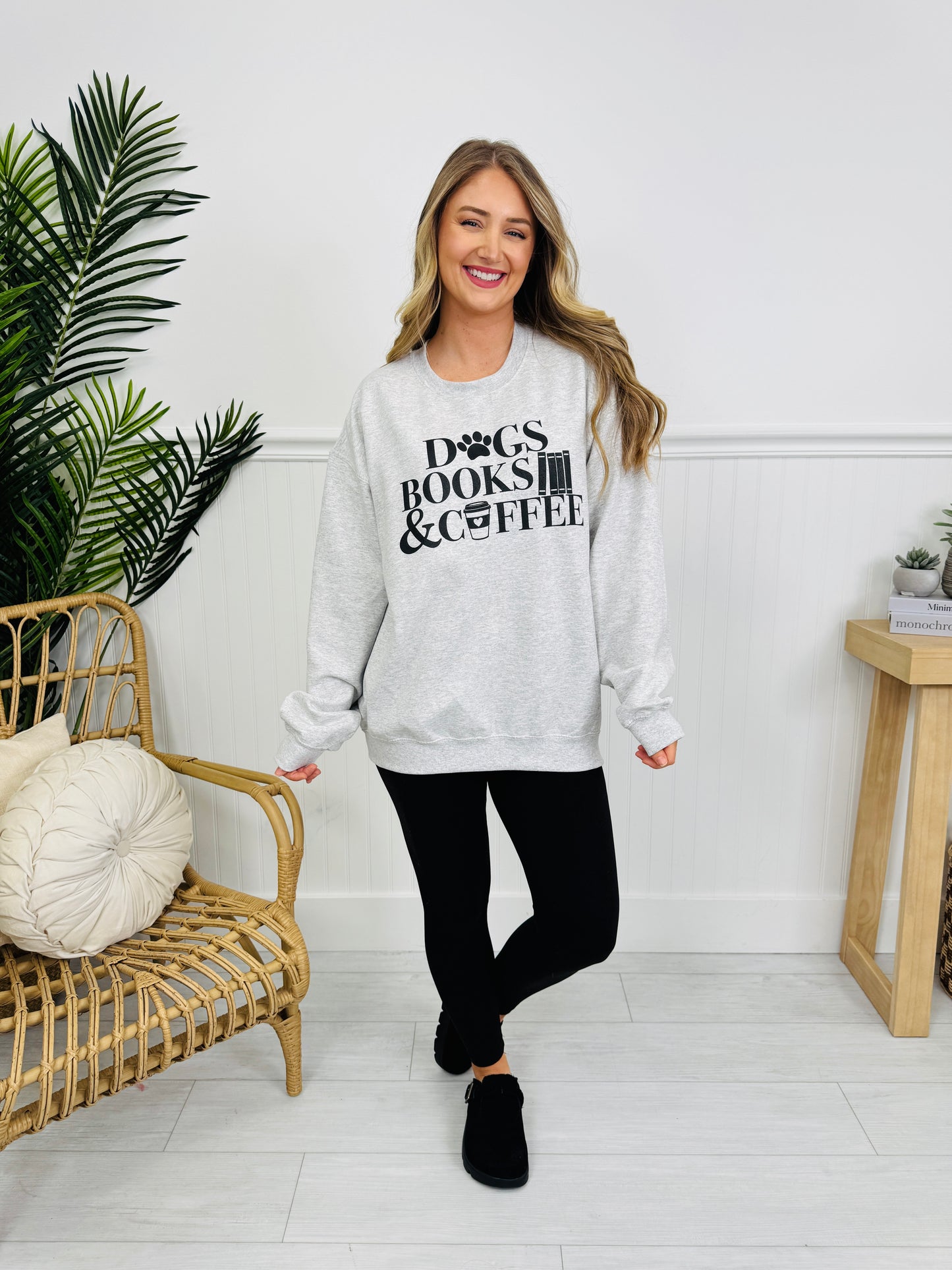 Dogs Books & Coffee Graphic Crewneck Sweatshirt