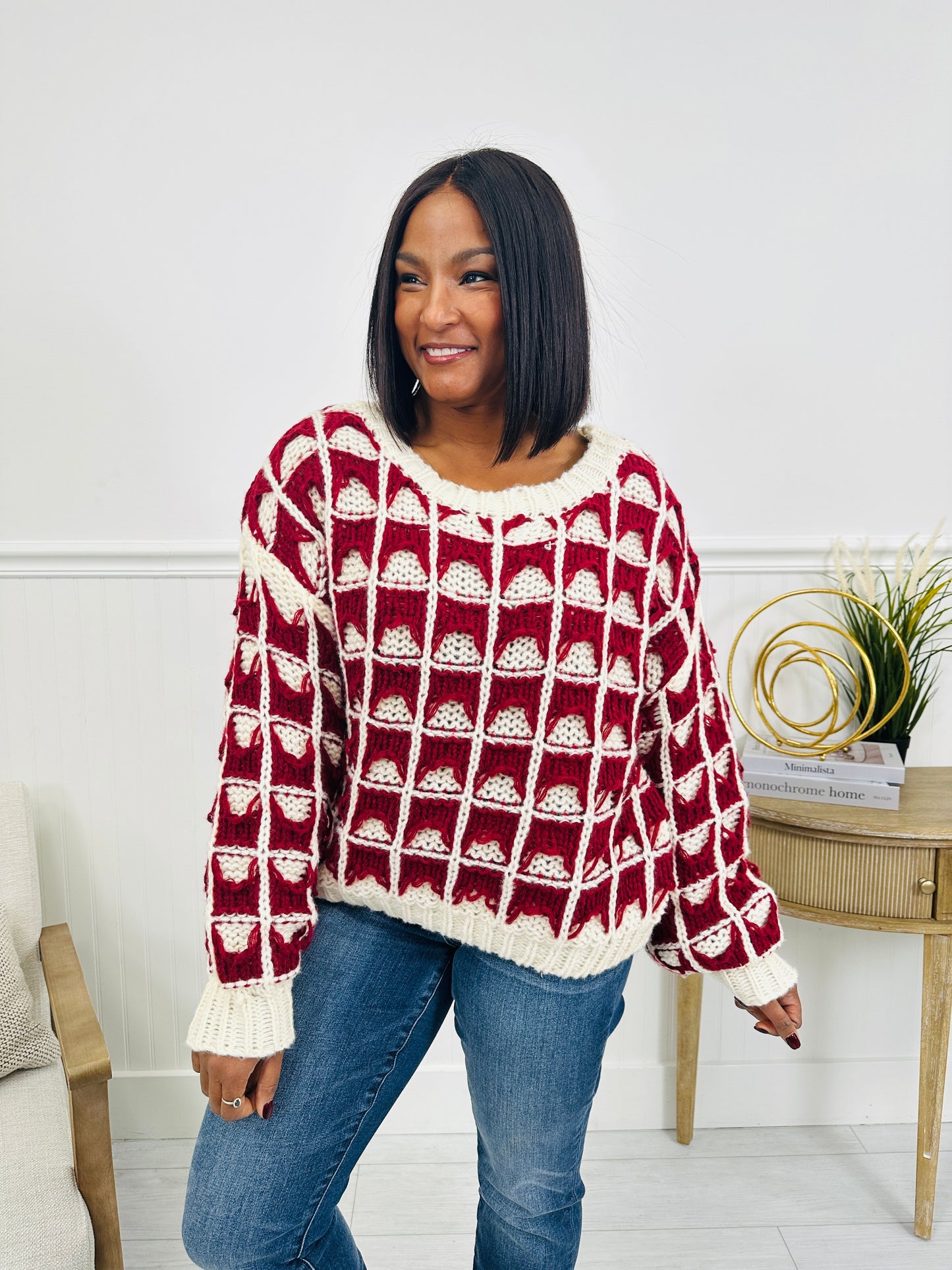 Frosted Grid Sweater in Burgundy