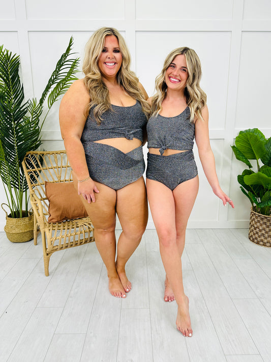 High Waisted V-Cut Swim Bottoms in Black Shimmer