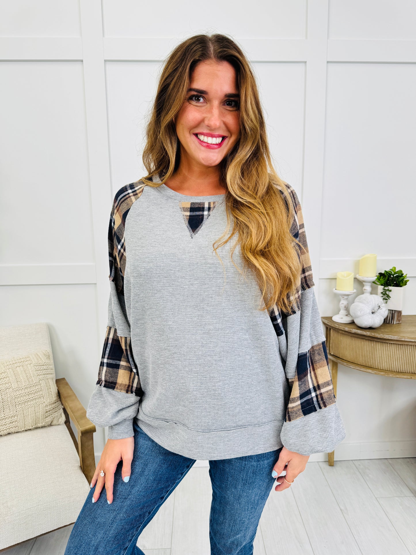 Harvest Trail Top In Grey/Navy