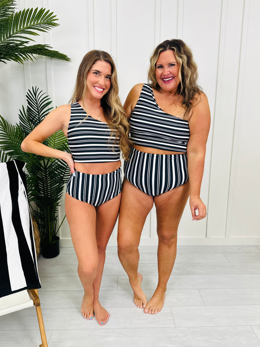High Rise Reversible Swim Bottoms In Black/White Stripe