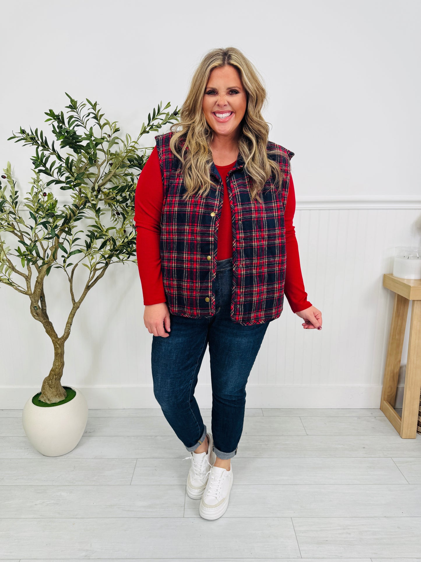 Pretty In Plaid Vest In Navy