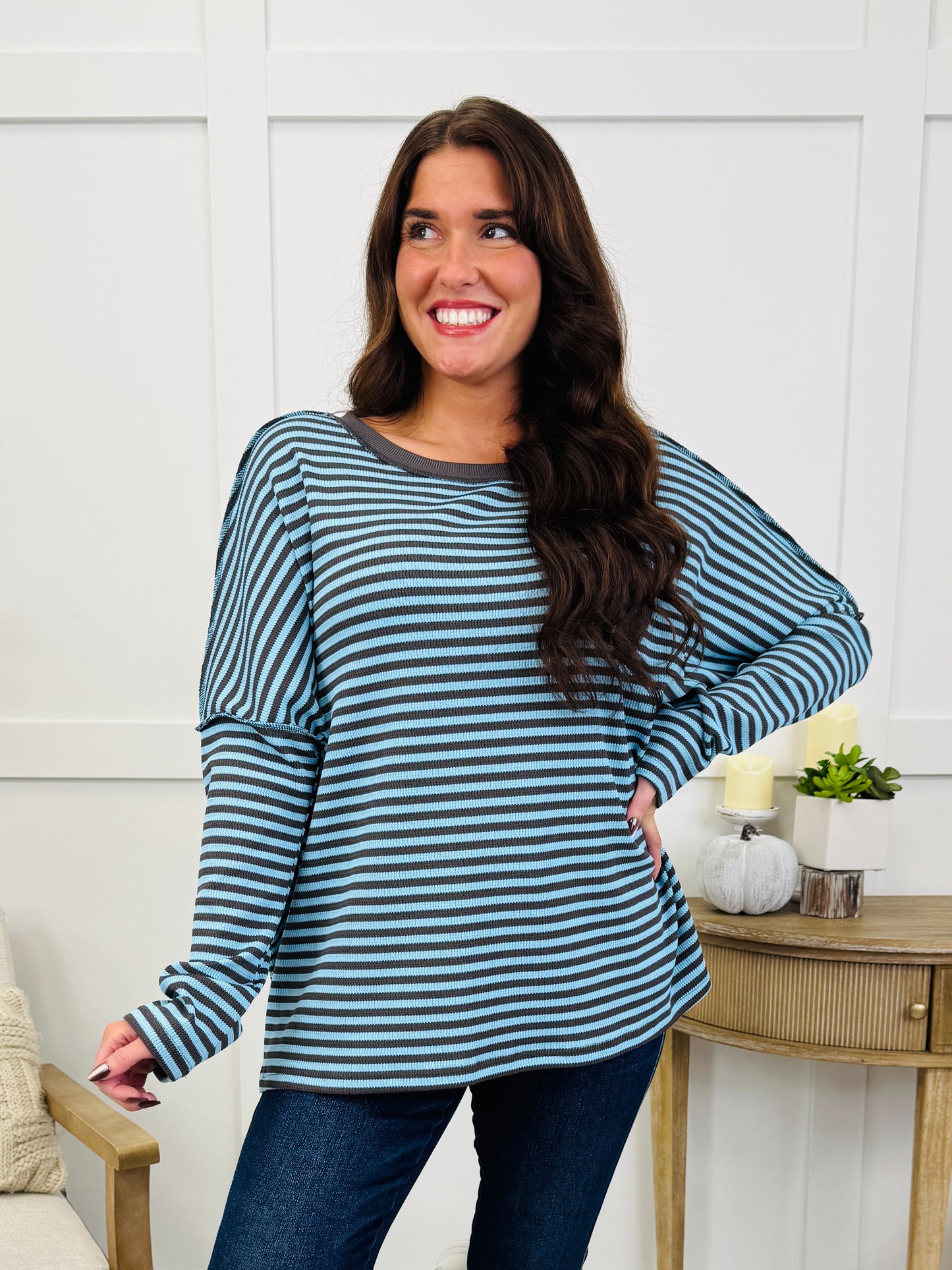 Cozy in Stripes Top In Mint Brown
