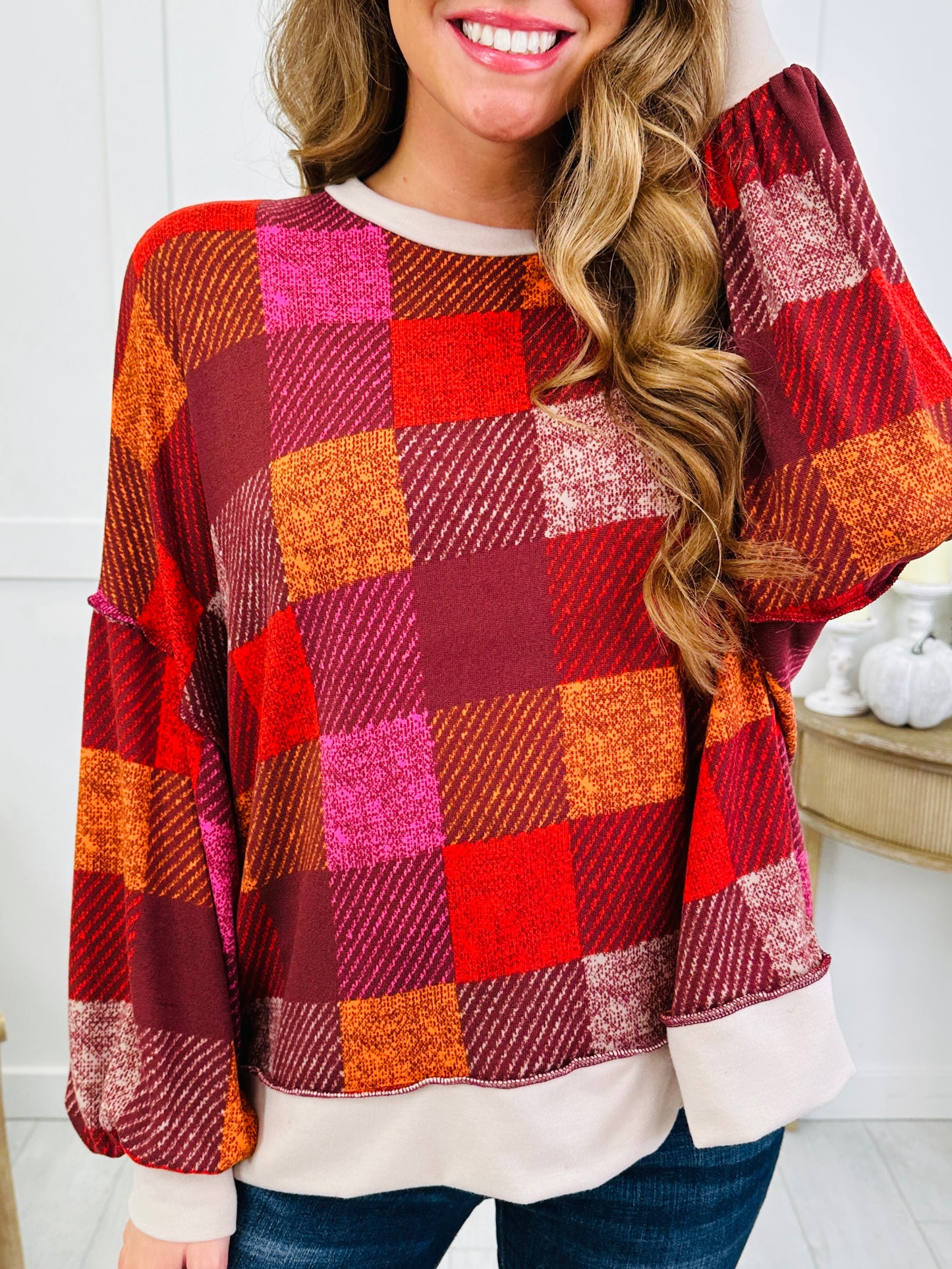 Plaid Poetry Pullover in Burgundy/Red