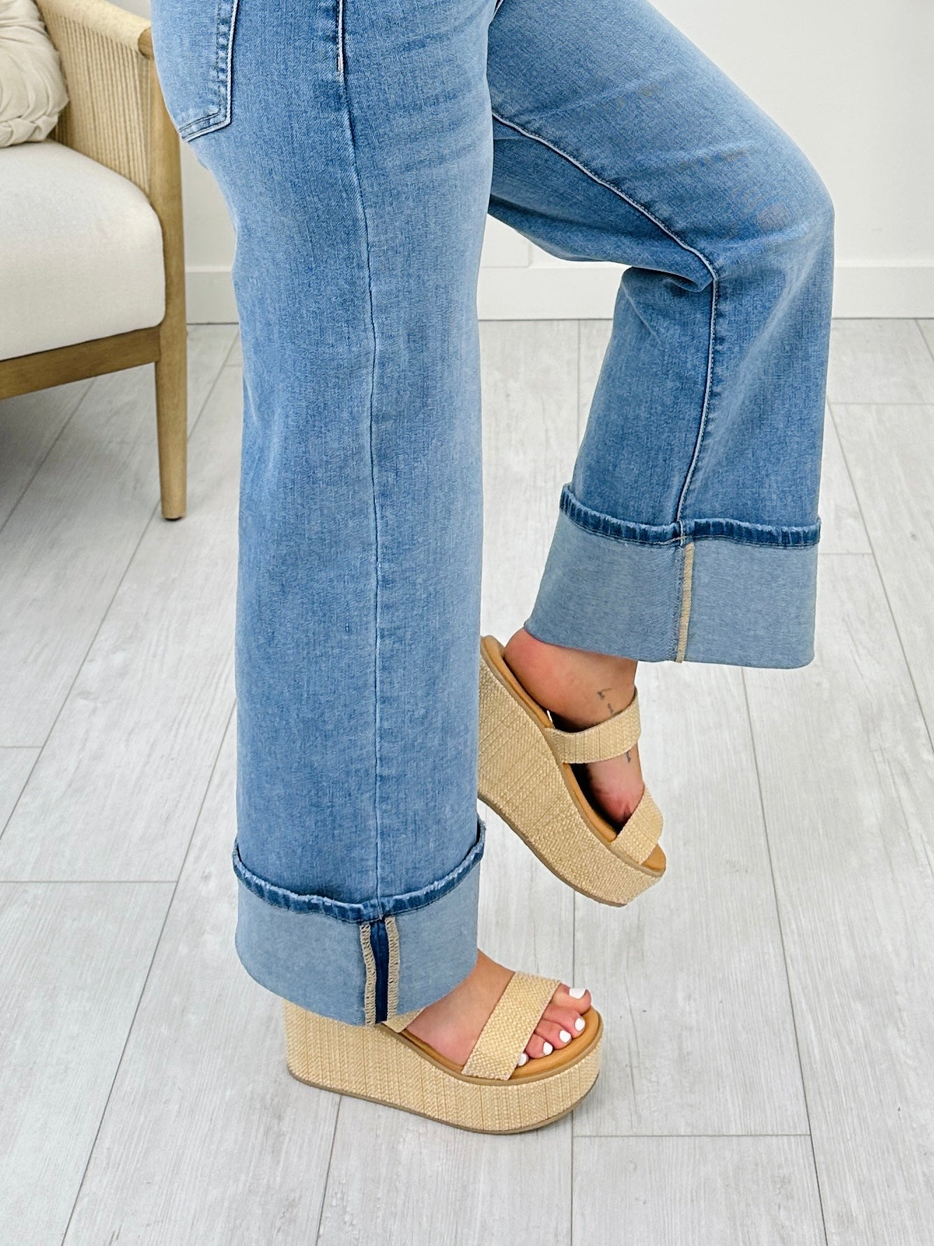 Off The Cuff Wide Leg Cuffed Tummy Control Cropped Jeans