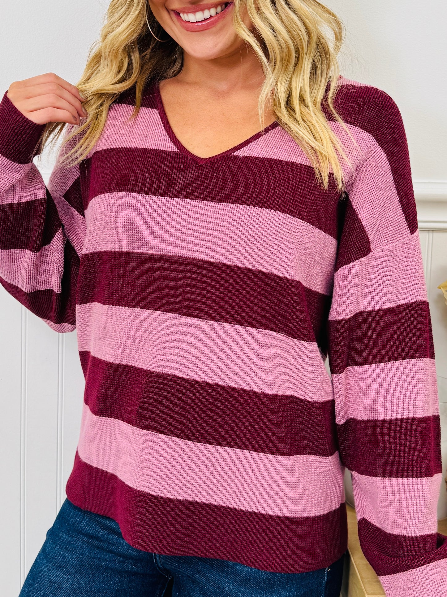Stripe Of The Moment Sweater In Wine