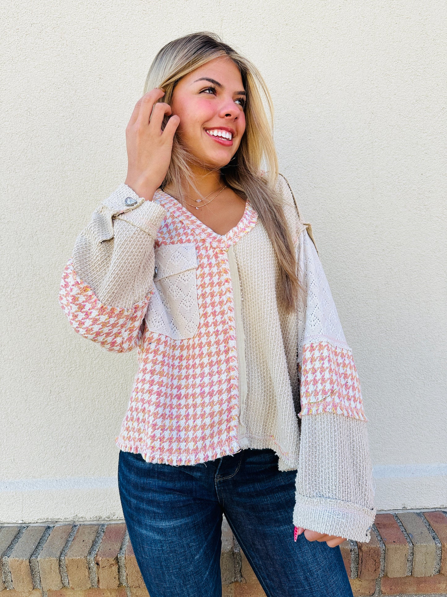 Stitched Together Top In Latte Pink Multi